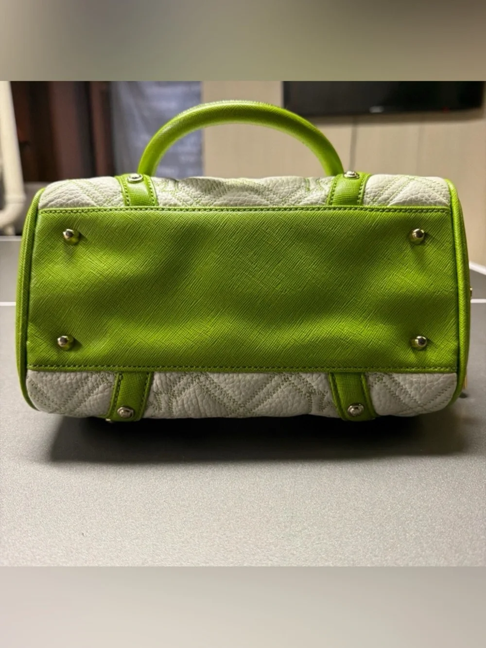 Metrocity Italy White‎ Lime Green Quilted Leather Satchel Handbag Gold Hardware
